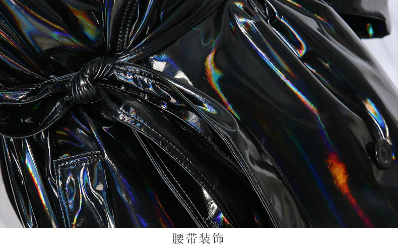 Nerazzurri Autumn Extra Long Black Holographic Shiny Reflective Stretchy Soft PVC Leather Trench Coat for Women European Fashion