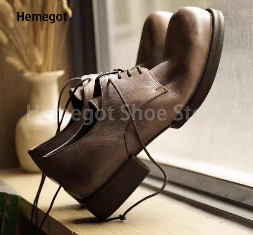 Big Round Toe Casual Shoes Low Cut Breathable Leather Shoes for Men Wear-Resistant Breathable Solid Color Handmade Men's Shoes