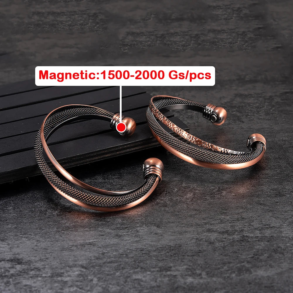 Vinterly Pure Copper Bracelets Magnetic Adjustable Open Cuff Vintage Flowers High Magnet Bangles Health Energy Jewelry Resizable