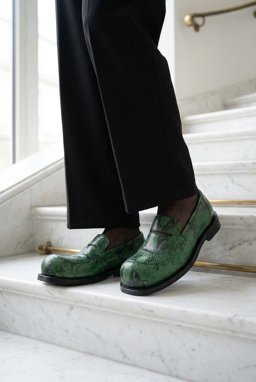 Round Toe Chunky Loafers Flat Men Shoes Retro Casual Green Black Man Shoes Slip-On Summer Comfortable Breathable Shoes