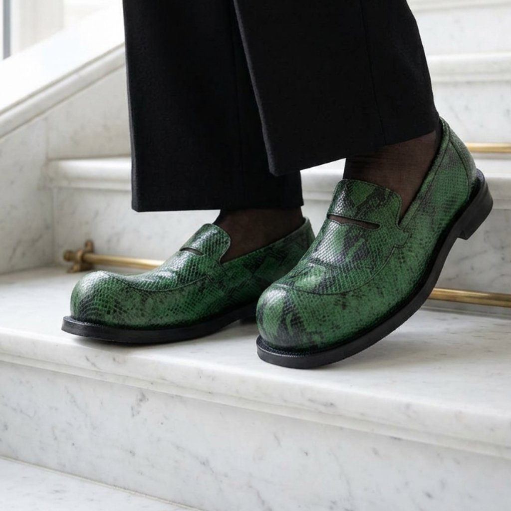 Round Toe Chunky Loafers Flat Men Shoes Retro Casual Green Black Man Shoes Slip-On Summer Comfortable Breathable Shoes