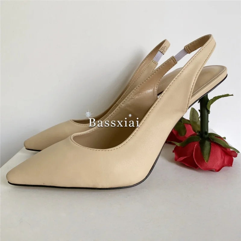 Unique Rose Flower Heel Women Pumps Genuine Leather Slingbacks Sexy Pointed Toe Dress Shoes For Girls