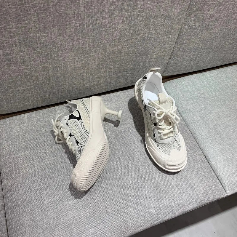 Summer Adult Girls High Heeled Dad Shoes Women Spring Versatile Breathable Lace up Casual Shoes Fashion Sports Mesh High Heels