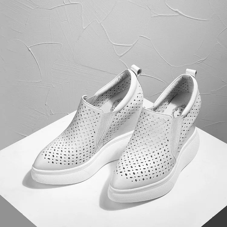 High Heels Hollow Out Shoes Casual Black White Women Sneakers Leisure Platform Shoes Slip-On Breathable Height Increasing Shoes