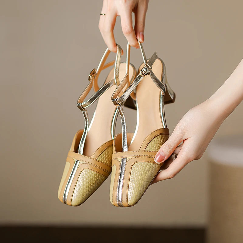 Dilalula 2025 Summer French Style T-Strap Genuine Leather Sandals Women Covered Toe High Heels Mixed Color Party Dating Sandals