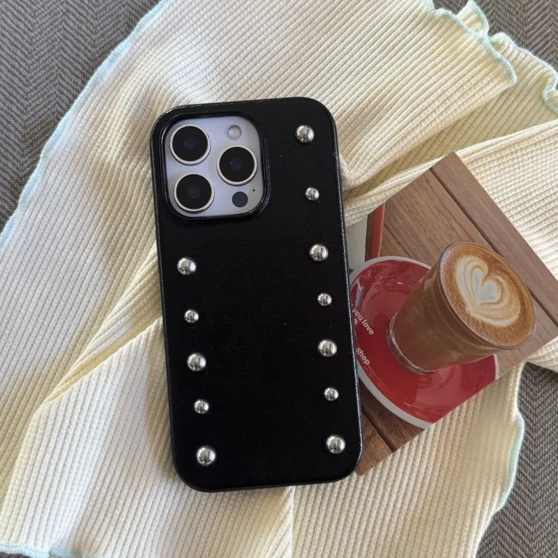 Chic iPhone case Personality Advanced Silver round Rivet Solid Color Leather Shock Proof Phone Cover for iPhone 17Promax 16 15 14 13 Pro Max Case