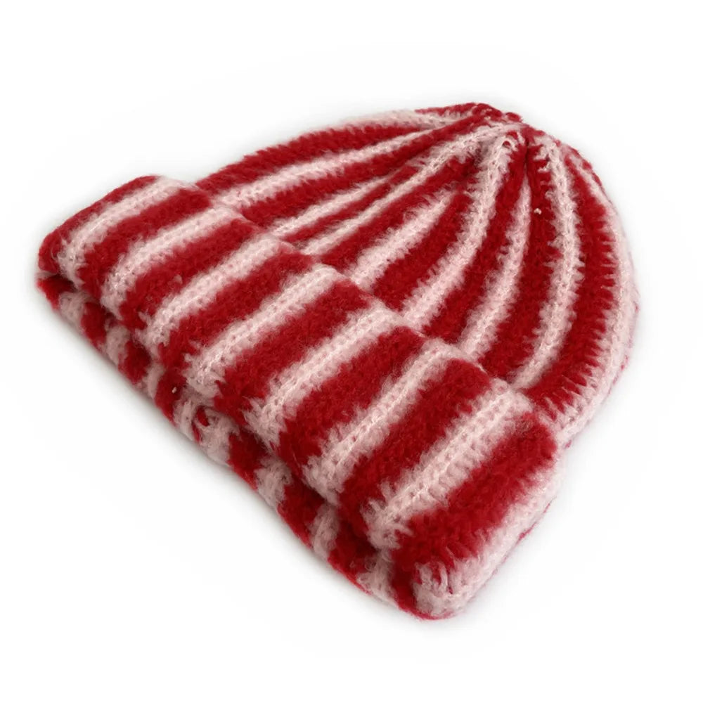 New Striped Knitted Beanie Cap Windproof Flanged Design Knitted Hat Pullover Outdoor Cycling Cold Proof Warm Hat Autumn Winter