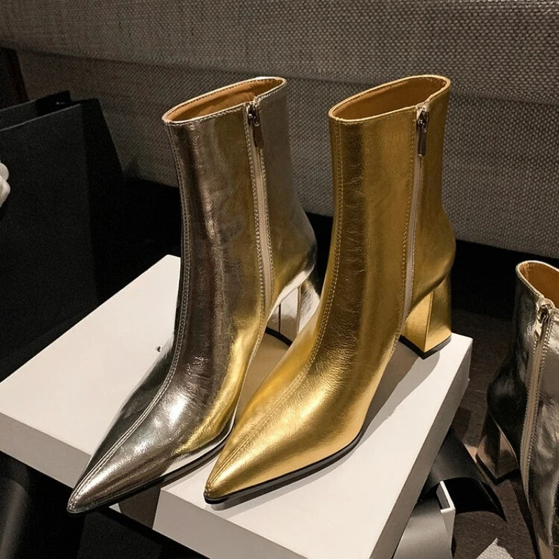 2025 New Women's Fashion Chunky Single Boots Fall New Pointy Bright Side Zipper Comfortable High Heel Ankle Boots