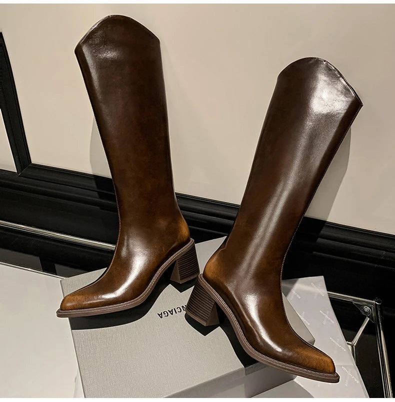 Ods New Women Genuine Leather Pointed Toe Knee High Boots Black White Brown Side Zipper Female Shoes Thick Heel Plus Size 42