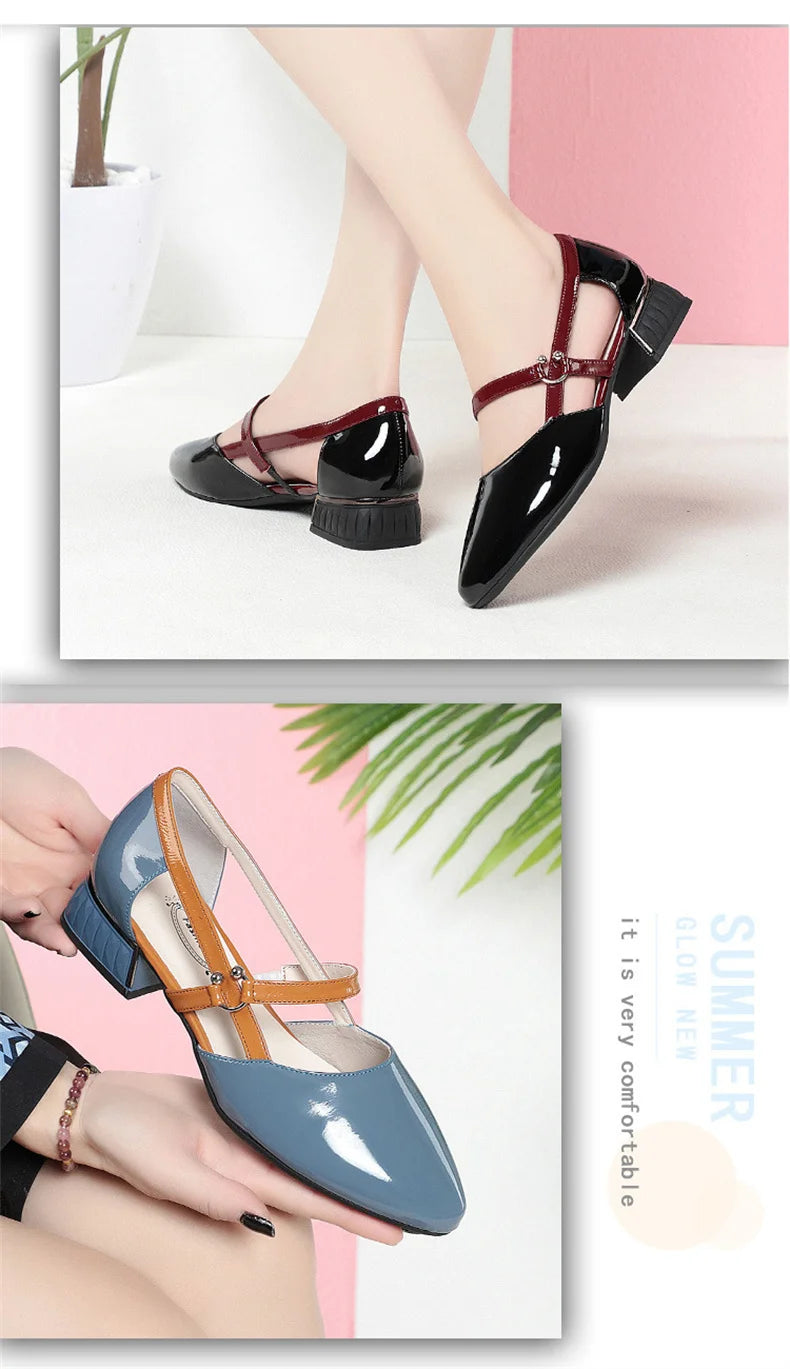 2024 Soft Leather Sandals Women Spring Summer Fashion Pointed Tip Single Shoes Low-Heel Hollow Buckle Ventilate Office Gentle