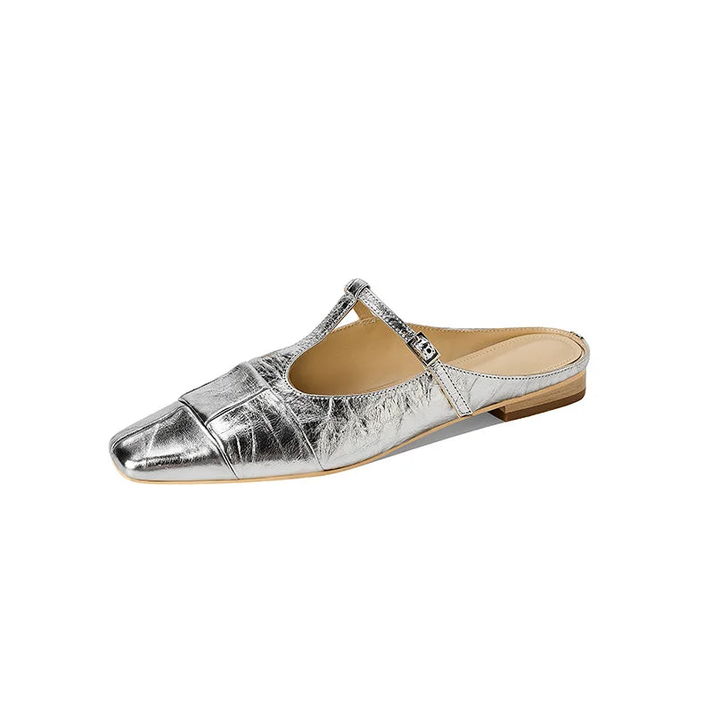 Genuine Leather t-strap Slippers Women Covered Toe Low Heel Slides Ladies Summer Vacation Slippers Female