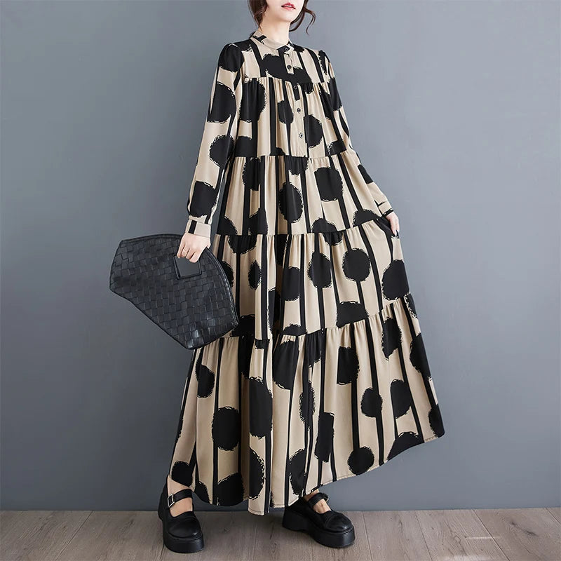 Ele Long Dr Women's Spring Autumn High Waist A-Line Polka Dot Print Maxi Skirt Faionable Bell Sve High Ne