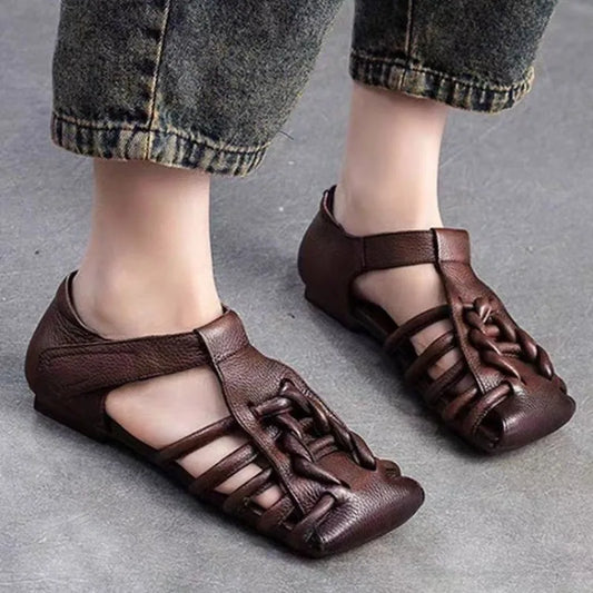 Genuine Leather Sandals Women Handmade Woven Literary Style Hollow Flat Roman Sandals Ladies Summer Shoes Sandalias
