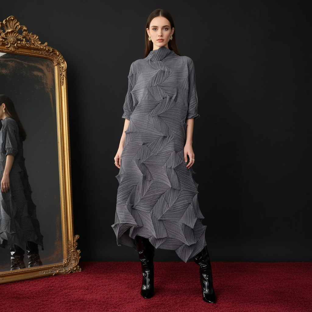 LANMREM Pleated Long Dress For Women Elastic Loose Irregular Pleated Stand Collar Pullover Female Clothing Half Sleeve 2DB4256