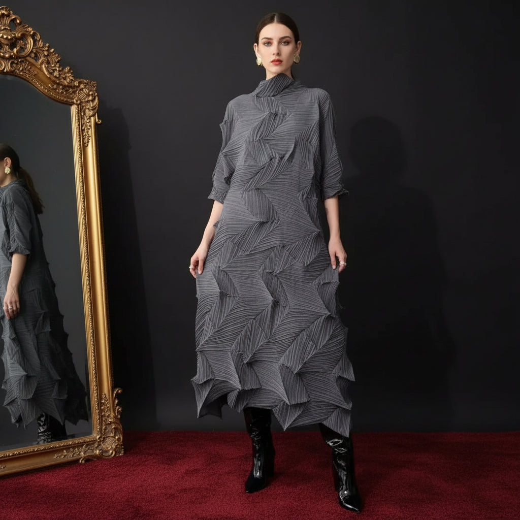LANMREM Pleated Long Dress For Women Elastic Loose Irregular Pleated Stand Collar Pullover Female Clothing Half Sleeve 2DB4256