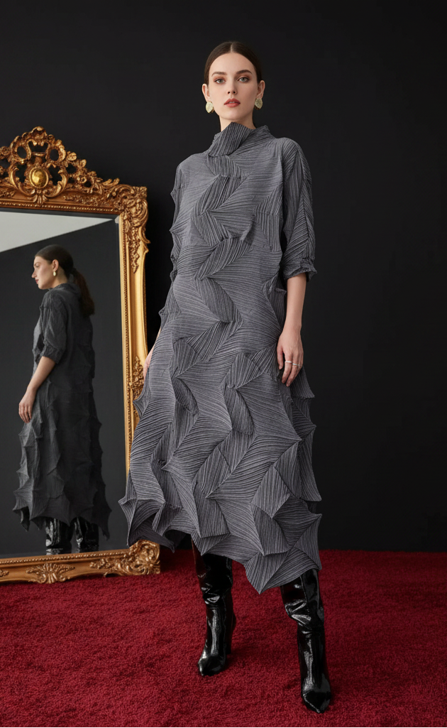 LANMREM Pleated Long Dress For Women Elastic Loose Irregular Pleated Stand Collar Pullover Female Clothing Half Sleeve 2DB4256