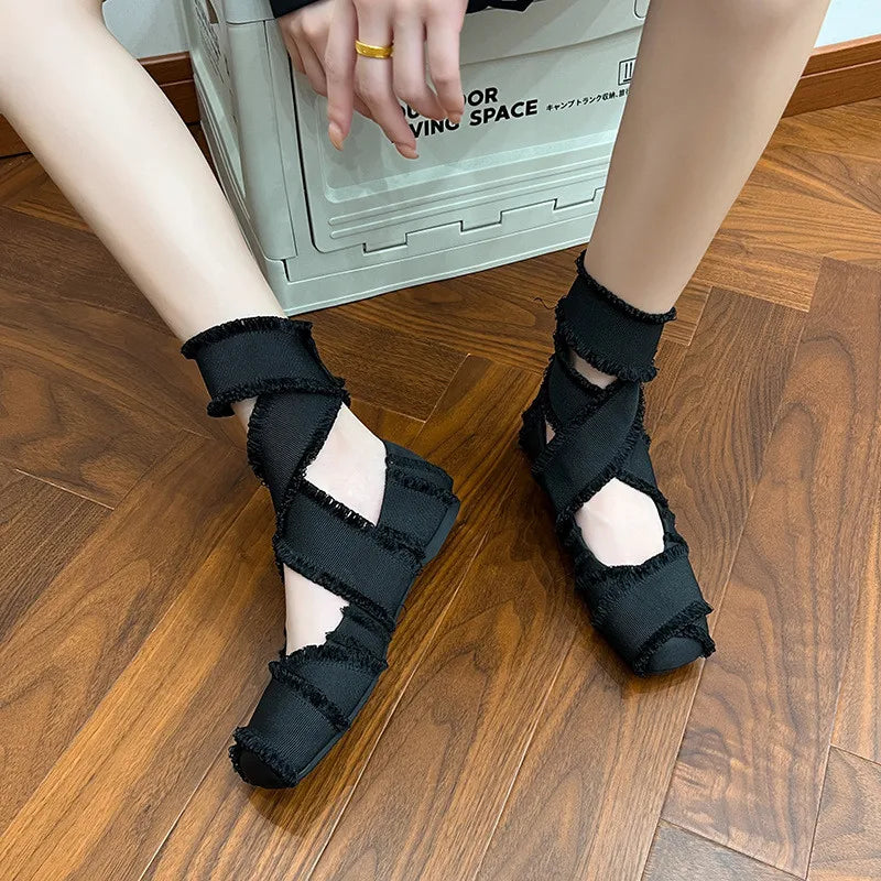 Vintage Tassel Canvas Women Ballet Flats Spring Autumn Soft Soles Dance Walking Shoes Fashion Ankle Strap Mary Janes Girls Shoes