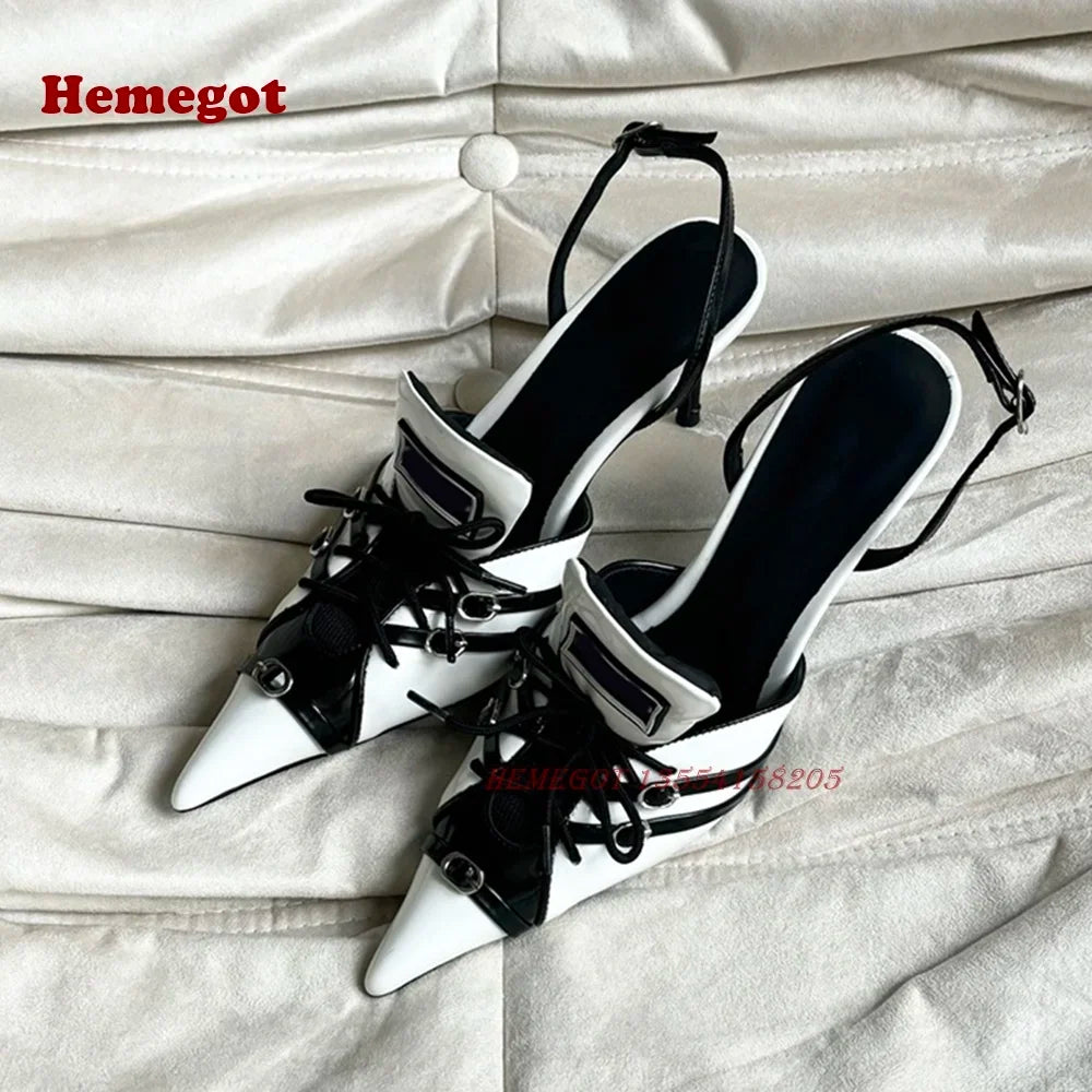 Red White Lace-Up Slingback Pumps Pointed Toe Thin Heel Buckle Women's Sandals 2024 Patchwork Mixed Color Party Shoes Luxury