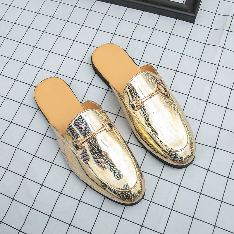 Fashion Brand Men's Cool Snake Skin Pattern Comfortable Half Back Leather Shoe Summer Men Breathable Bottom Casual Leather Shoes