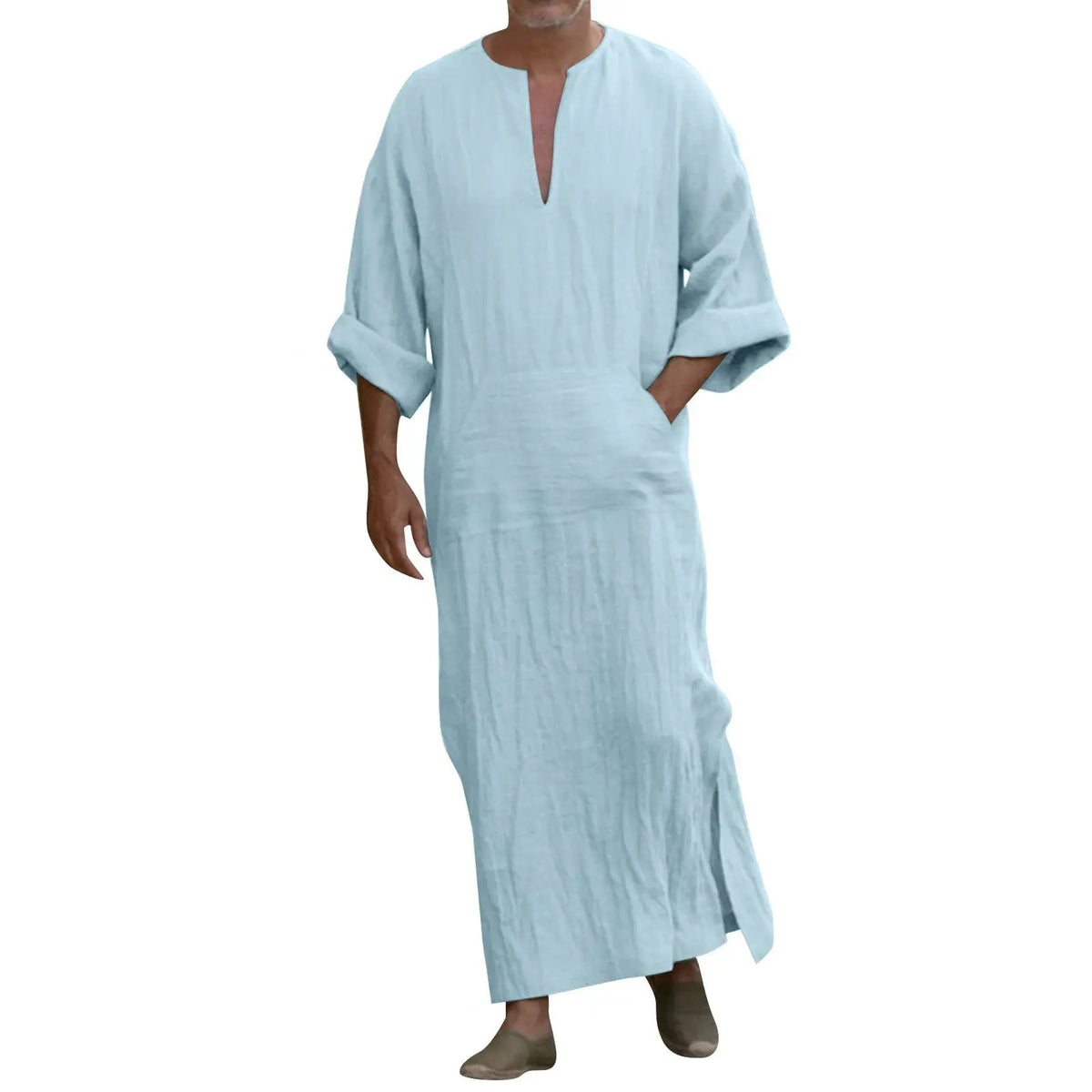 New 2026 Men Cotton Linen Long T-shirts Muslim Solid Casual Abayas Men Jubba Thobe Kaftan Arab Islamic V-neck Long Sleeve Robes