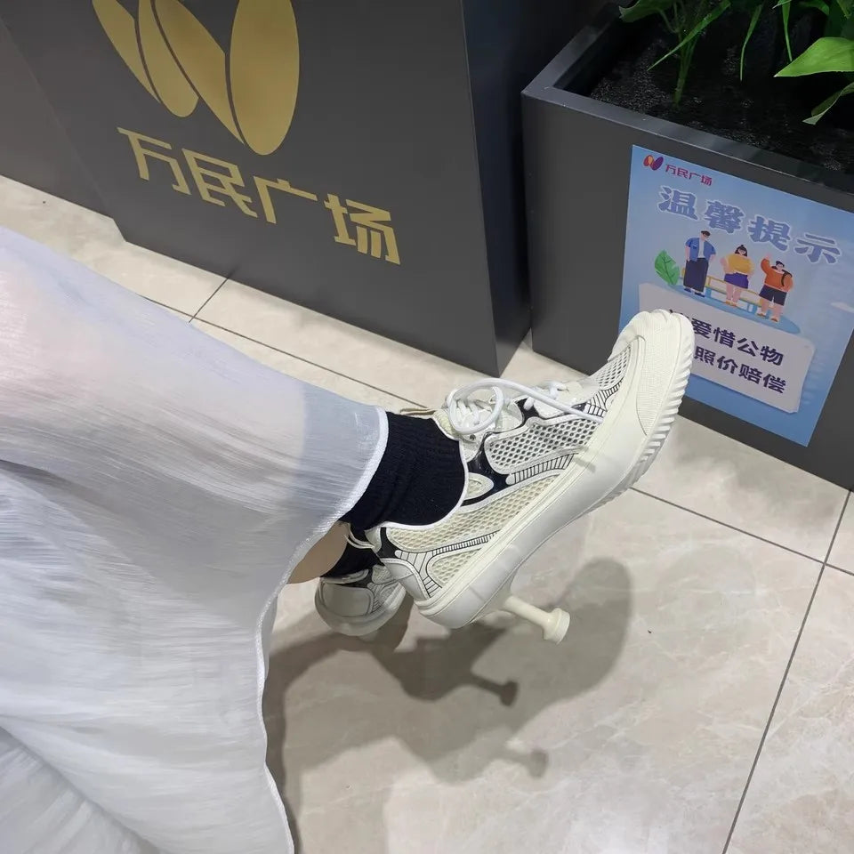 Summer Adult Girls High Heeled Dad Shoes Women Spring Versatile Breathable Lace up Casual Shoes Fashion Sports Mesh High Heels