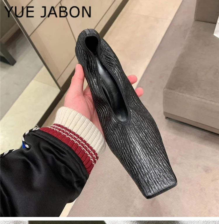 Black Square Head Early Spring New Lady Pumps Zebra-Print Soft Leather Pleated Elastic Witch High Heel Deep Mouth Granny Shoes