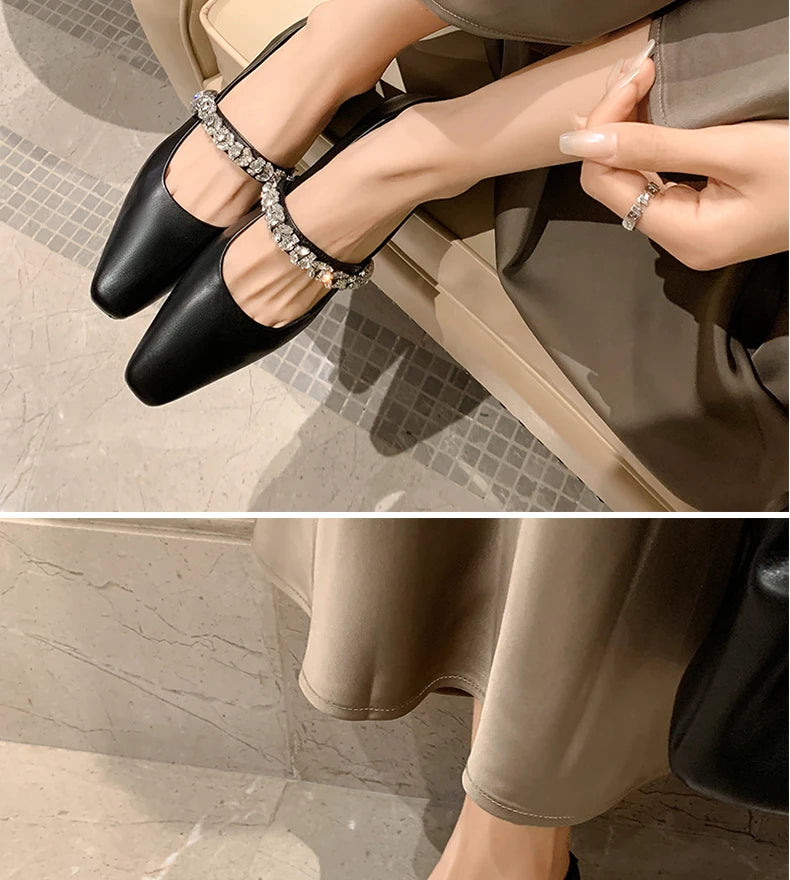 Ods Women Crystal Mules Flats Slippers Designer Sandals 2025 Dress Square-toe Leather Slides Summer Slingback Buckle De Mujer
