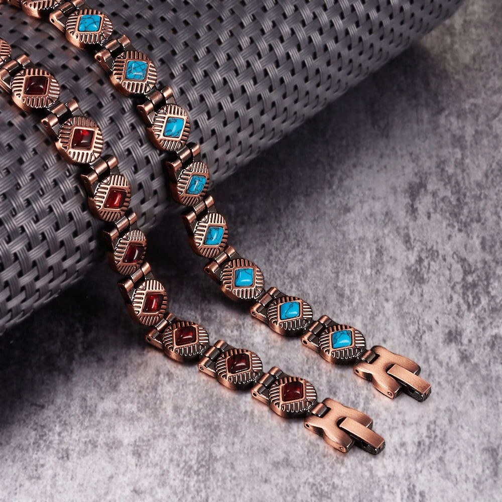 Vinterly Magnetic Bracelets Pure Copper Blue Brown Stone 22.5cm Vintage Health Energy High Magnet Jewelry Benefits Chain Links