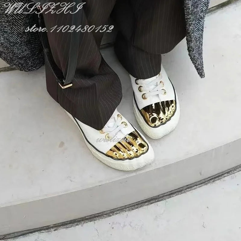 Gold Metal Glossy Five Finger Sneakers Women Lace Up Flats Sports Patchwork Casual Buckle Office Lady Design Catwalk Spring Shoe