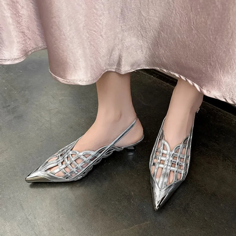 Sexy Real Leather Sandals Women Covered Metal Head Toe Narrow Band Sandals Ladies Party Dating Summer Med Heels