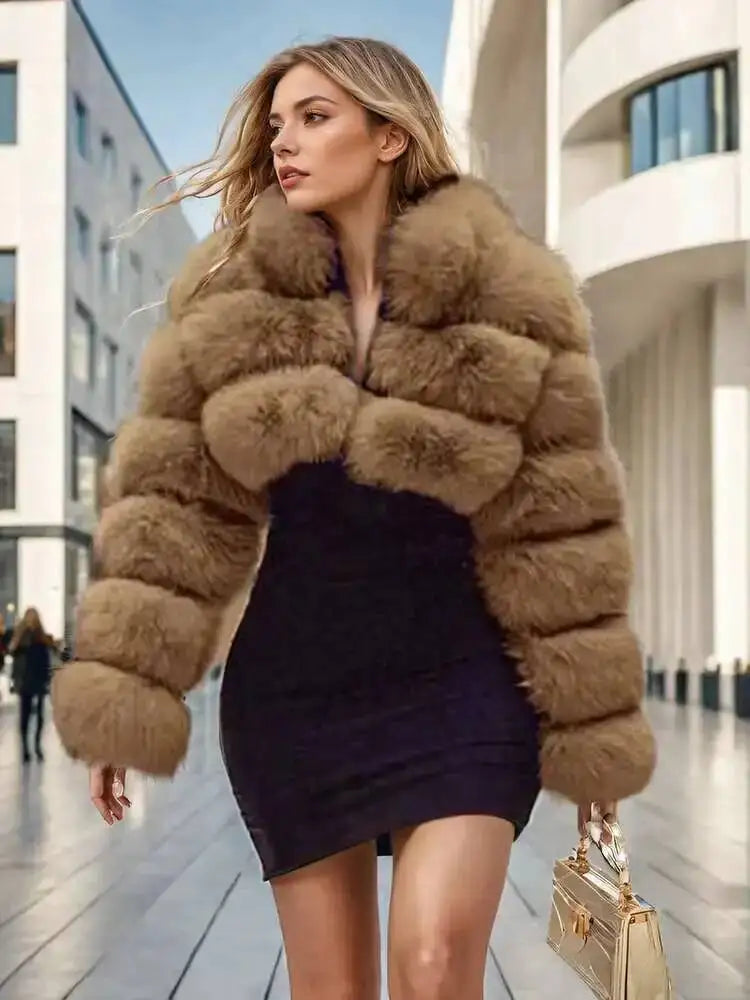DEAT Fashion Women's Faux Fur Coat Stand Neck Long Sleeve Zipper Short Solid Color Thick Warm Jackets Winter 2024 New 7AB6434