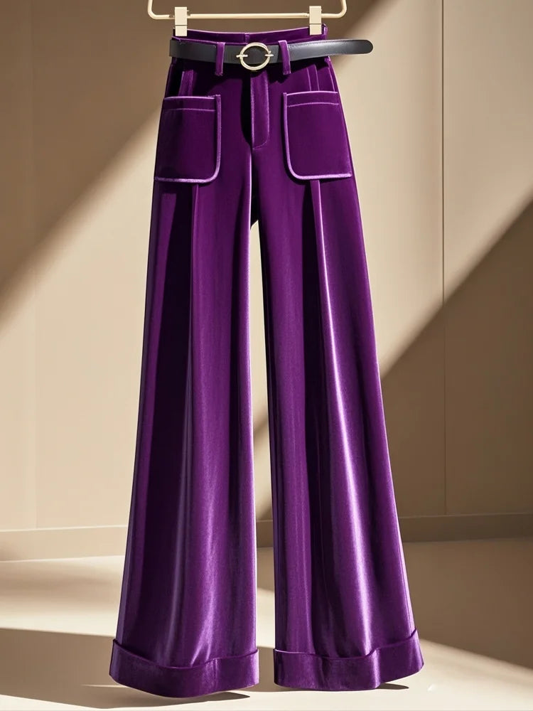 Limiguyue Purple Thicken Velvet Pants Women Warmful High Waist Autumn Winter Trousers Casual Ankle-Length Straight Pants 553A