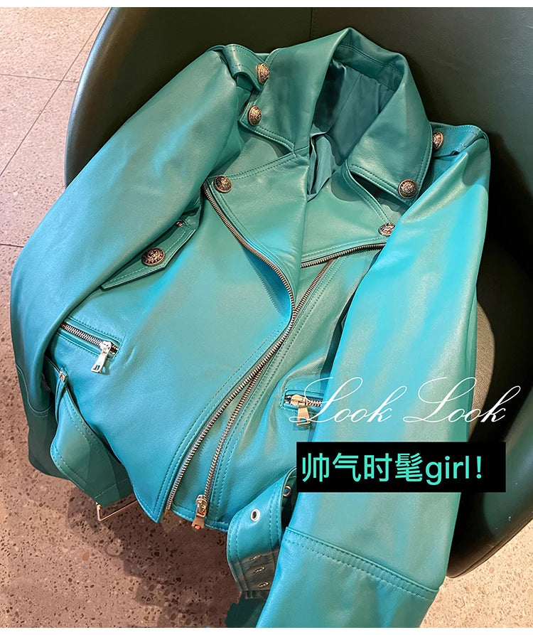 Lautaro Spring Autumn Cool Bright Green Pu Leather Biker Jacket Women Zipper Long Sleeve Luxury Designer Streetwear Fashion 2022