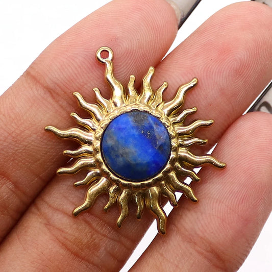 Solstice Sun Goodluck Pendant Shape Natural Amazonite Lapis Lazuli Black Agate Pendants Golden Frame Design Charms Jewelry Accessory 1 Pc For DIY Necklace