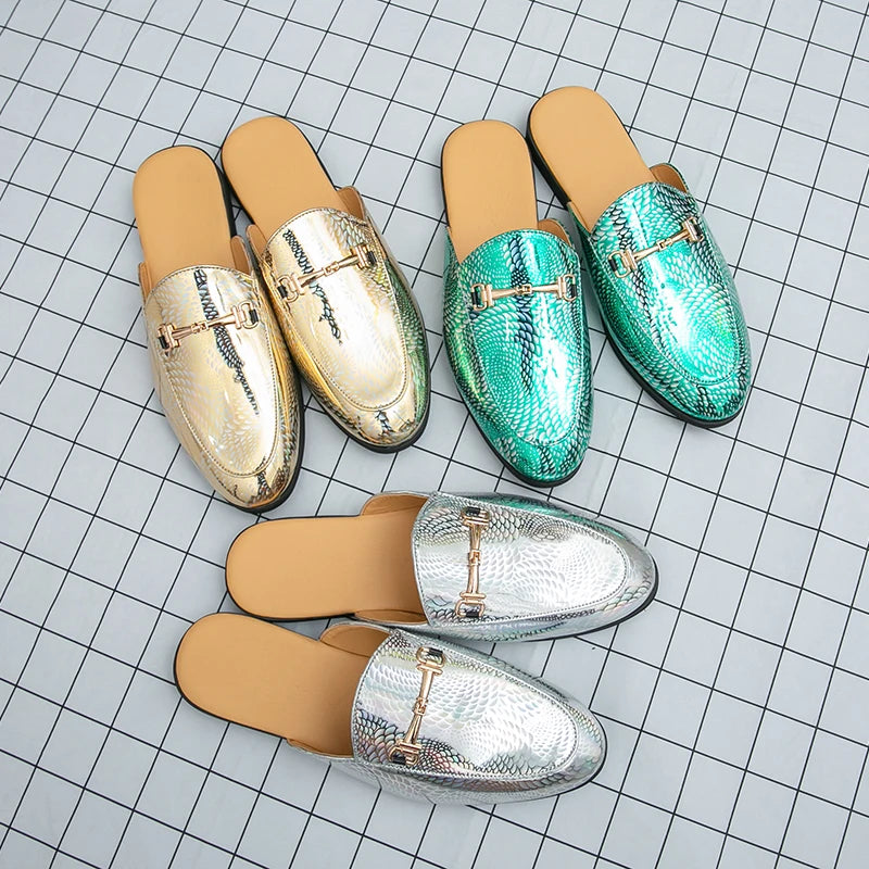 Fashion Brand Men's Cool Snake Skin Pattern Comfortable Half Back Leather Shoe Summer Men Breathable Bottom Casual Leather Shoes