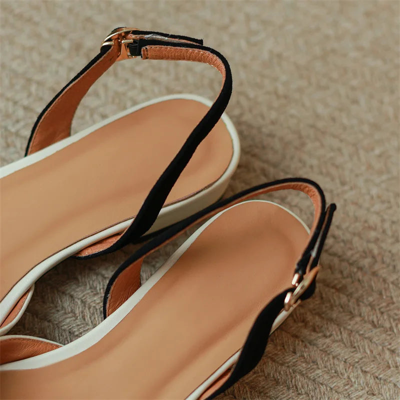 Dilalula Summer Genuine Leather Covered Toe Flower Sandals Ladies Sweet Low Thick Heels Elegant Flower Mixed Color Dress Shoes