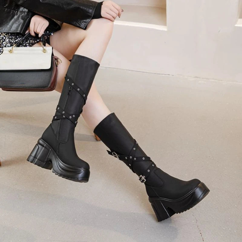 Fujin 10cm Microfiber Women Boots British Boots ZIP Synthetic Leather Ankle Spring Platform Wedge Knee High Fashion Autumn Shoes