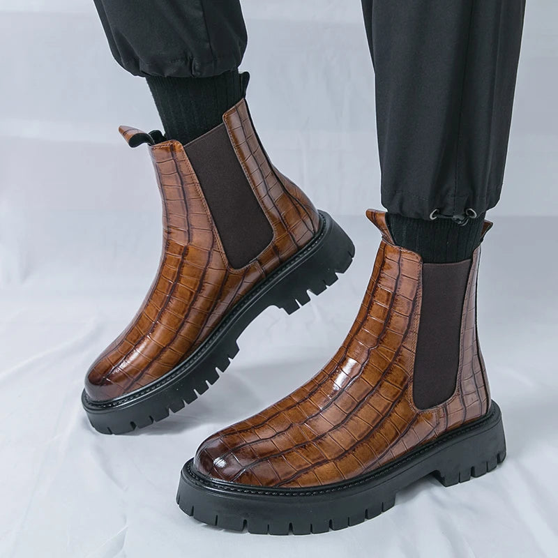 2025 Fashion Brand Men's Comfortable Fit Thick Soled Chimney Boots Autumn New High Top Chelsea Boots Plus Large Workwear Boots