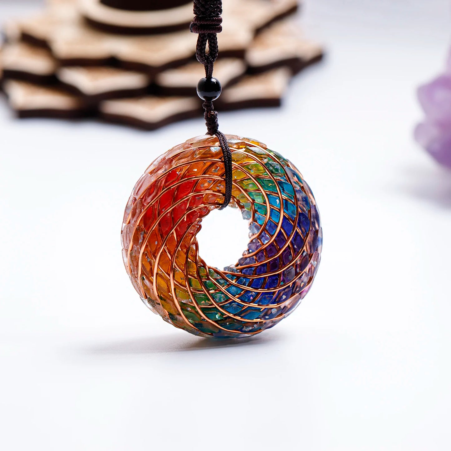 Rodin Coil &Opal Orgone Pendant Necklace , Blue glass pendant jewelry, Chakra Balancing, Adjustable Chain