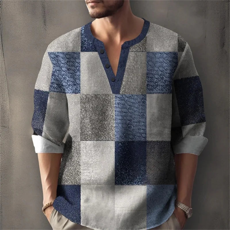 Men's Long-Sleeved Shirt for Summer Vacation, Featuring a Color-Blocked Geometric Print and Henley Collar; Stylish Men's Shirt.