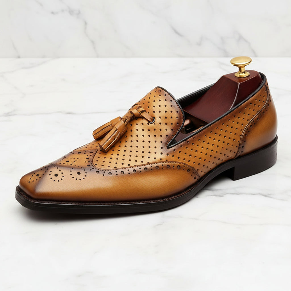 Male Tassel Formal Business Loafers Summer Hollow Out Breathable Genuine Leather Shoes for Men Shallow Casual Oxford Shoes