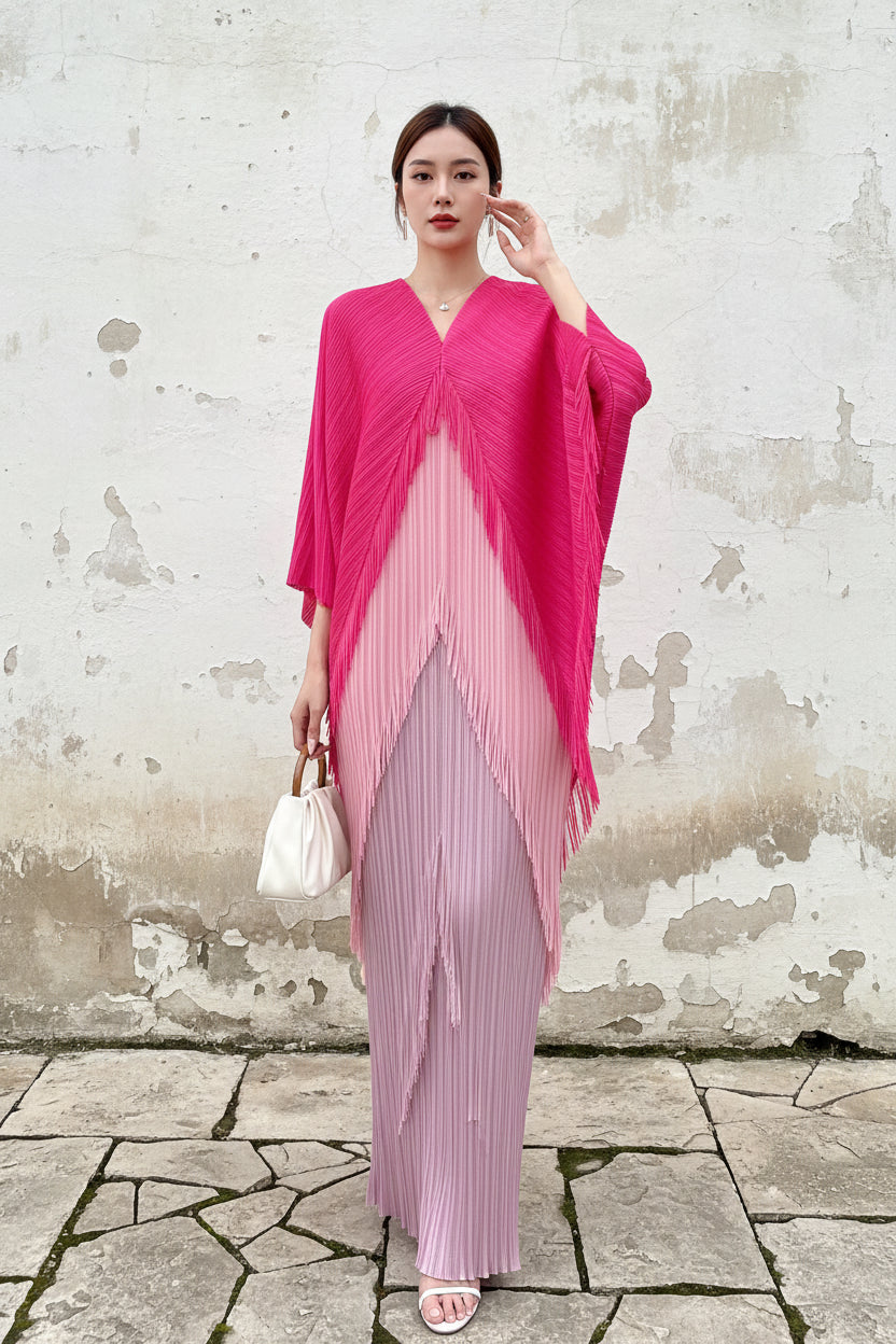 Fringe Pleated Dress Women's V-neck Bat Sleeve Splice Fashion Dress Women's 2026 Spring/Summer New