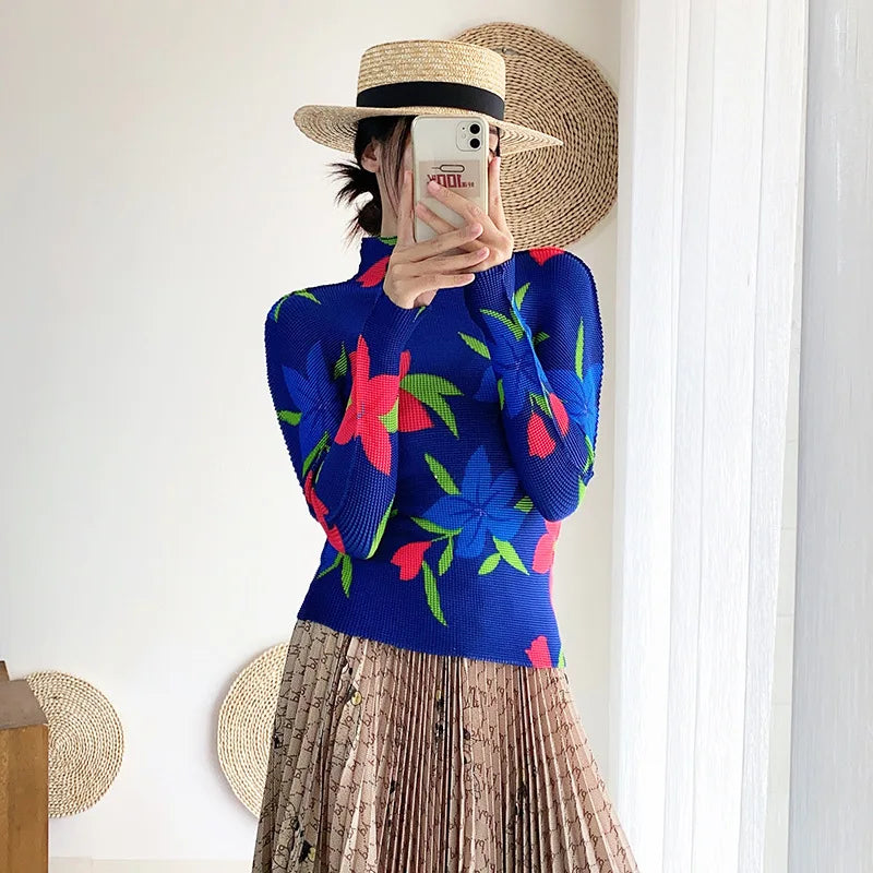 Miyake Pleated Contrasting Colors T-shirt Women Half Turtleneck Skinny Pullover 2025 Summer Fashion Female Clothing