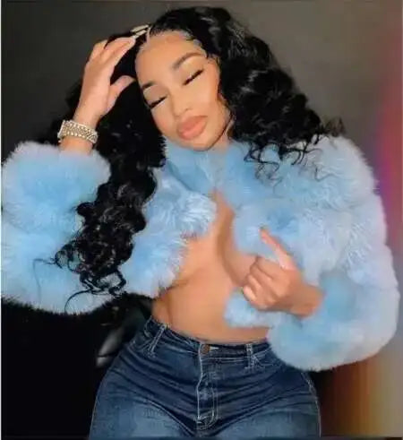 DEAT Fashion Women's Faux Fur Coat Stand Neck Long Sleeve Zipper Short Solid Color Thick Warm Jackets Winter 2024 New 7AB6434