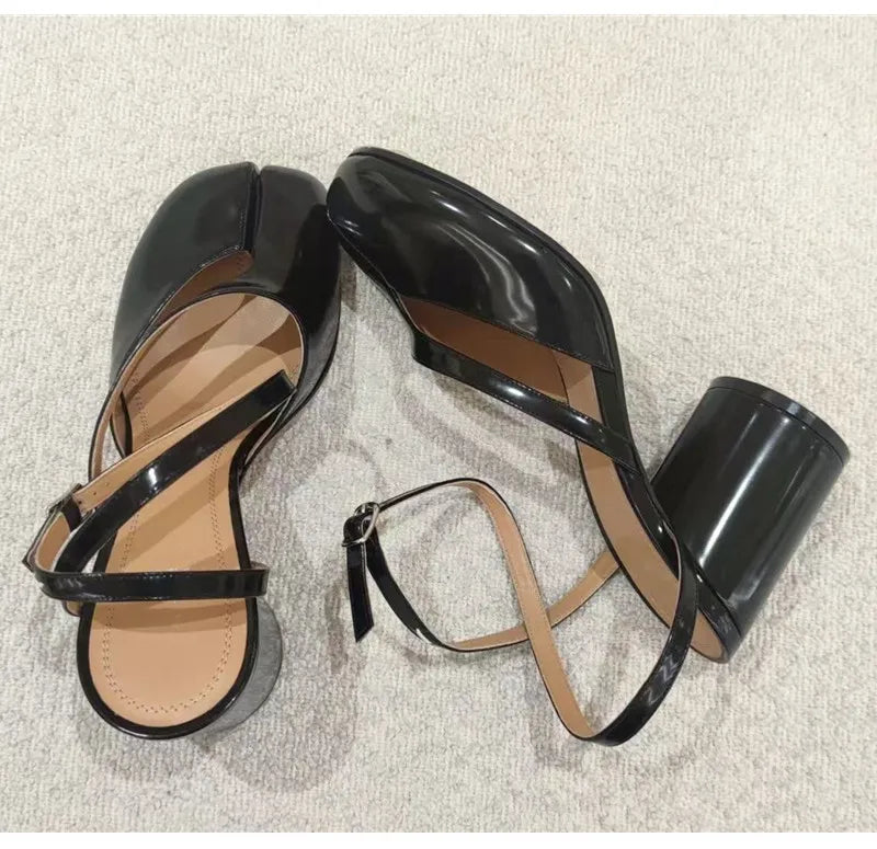 Ins style Fashion Patent Leather Split Toe Women Pumps Spring Summer Thick High heels Slingbacks Female Tabi Chunky Casual Shoes
