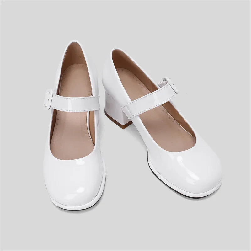 Spring Autumn Women Platform Mary Janes High Thick Heel Orange Red Patent Leather Dress Office Lady Round Toe Buckle Strap Pumps
