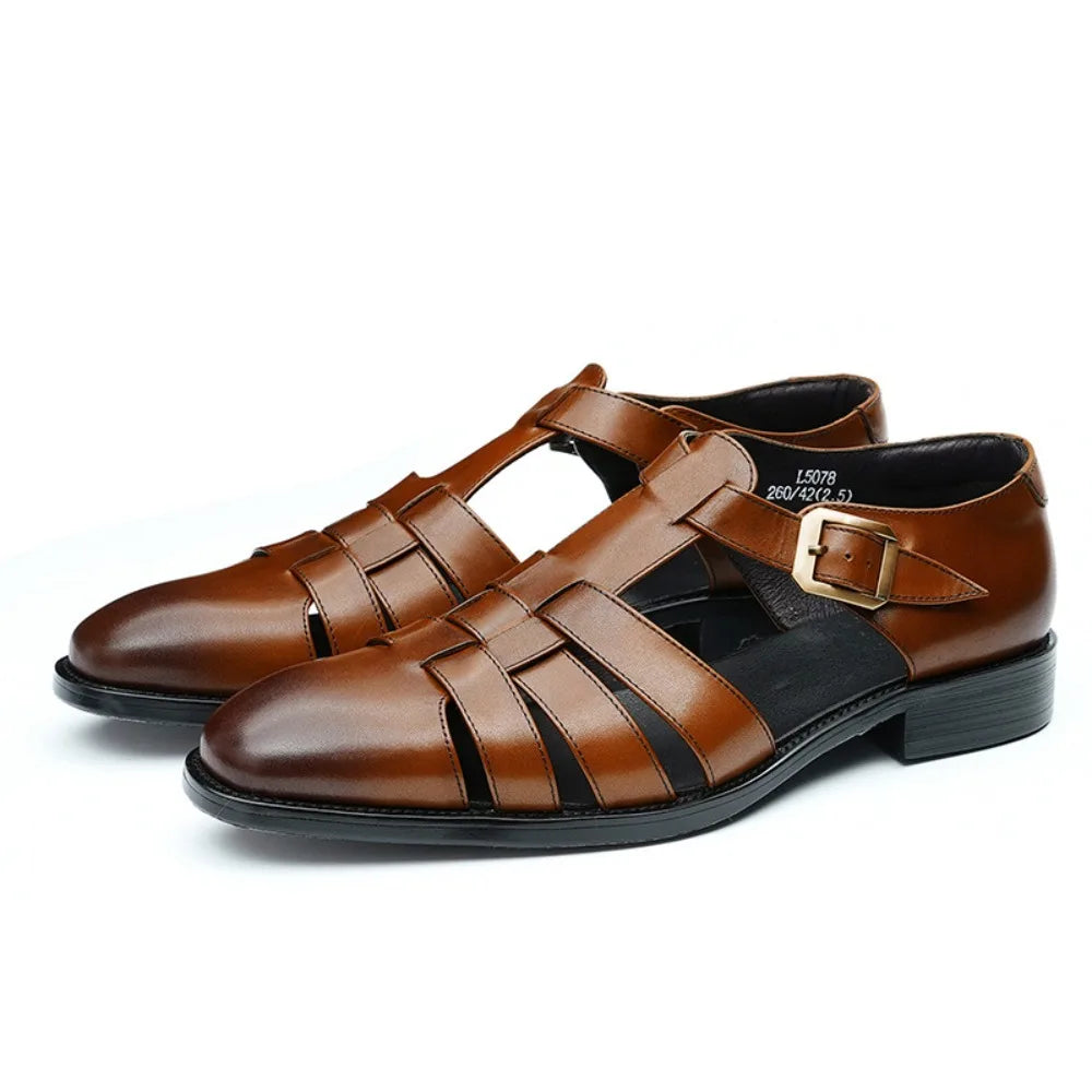 Premium Leather Sandals For Men Top Grain Cowhide Summer Slippers Breathable Lightweight Driving Shoes