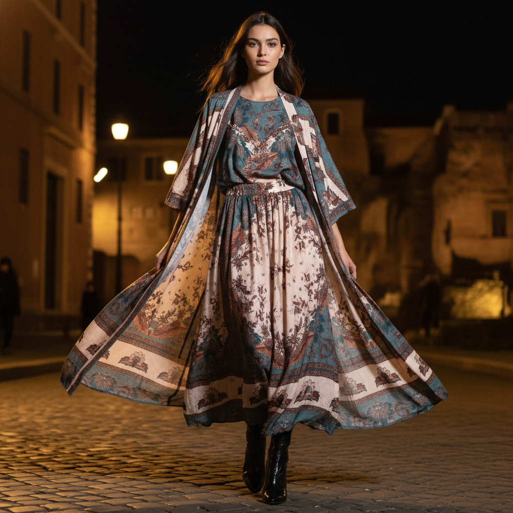 Retro positioning printed long cardigan+vest three piece set 2026 spring women's clothing+loose pants skirt fashion set