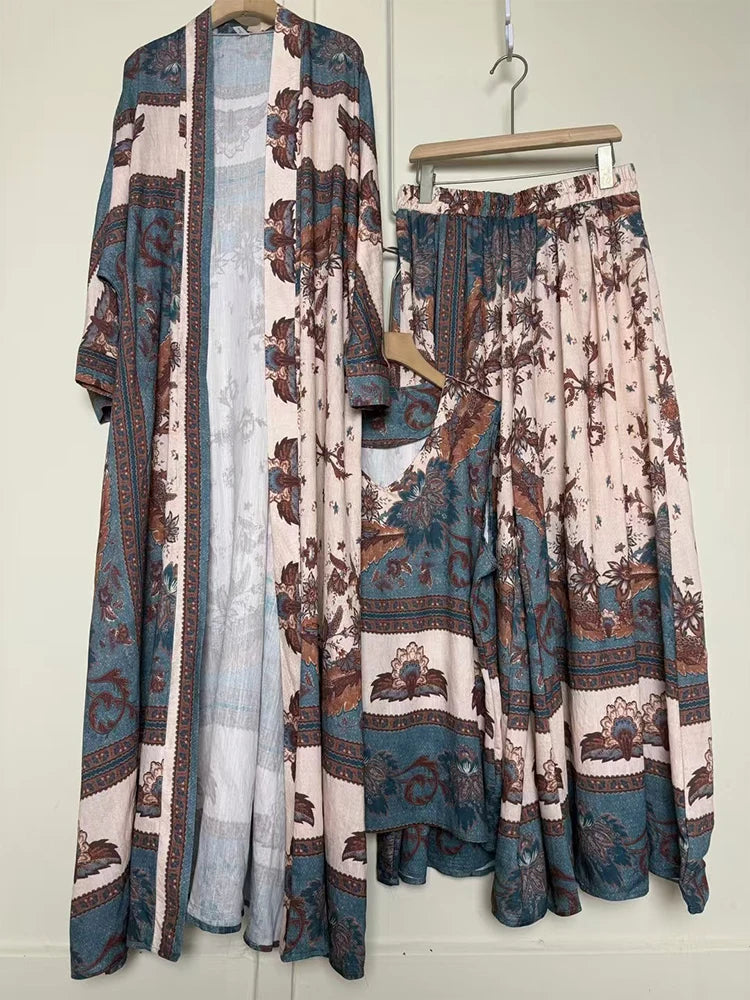 Retro positioning printed long cardigan+vest three piece set 2026 spring women's clothing+loose pants skirt fashion set