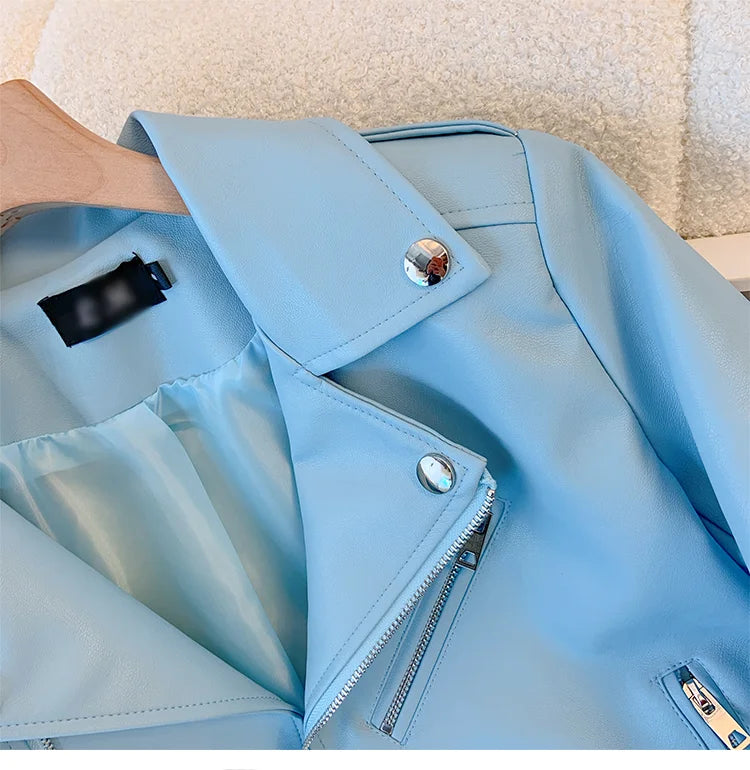 Blue PU leather jacket for women's spring autumn short Street style 2025 new retro motorcycle Leather Coat top